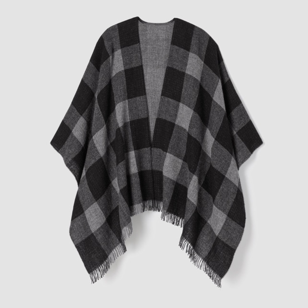 EILEEN FISHER REVERSIBLE WOOL PONCHO BIG CHECK GRAY BLACK OS NWOT